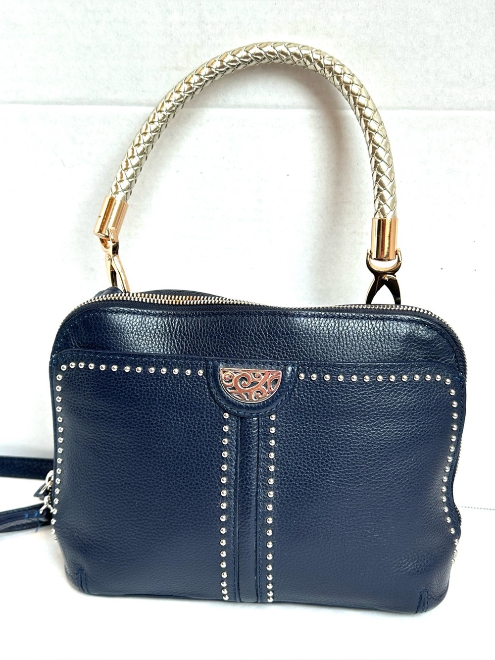 Brighton Navy Leather Silver Studded Woven Metallic Top Handle Bag Gold Accents